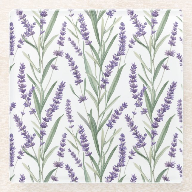 Lavender Botanical Pattern Glass Coaster (Front)