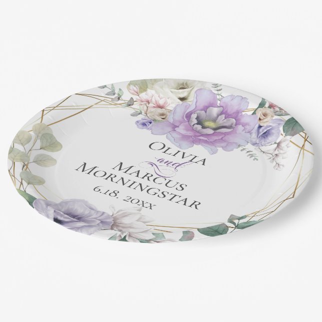 Lavender Botanical Peony Summer Wedding Paper Plate (Angled)