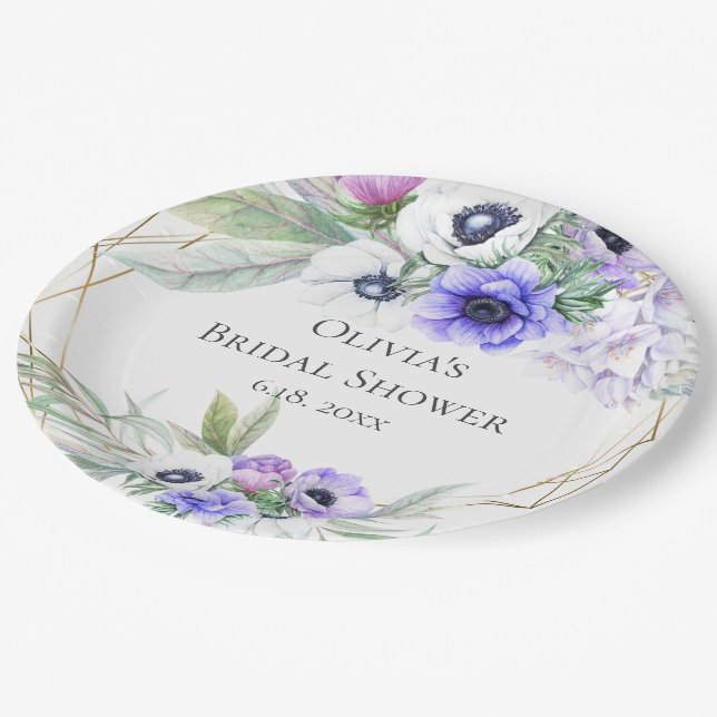 Lavender Botanical Violet Anemone Bridal Shower Paper Plate (Angled)