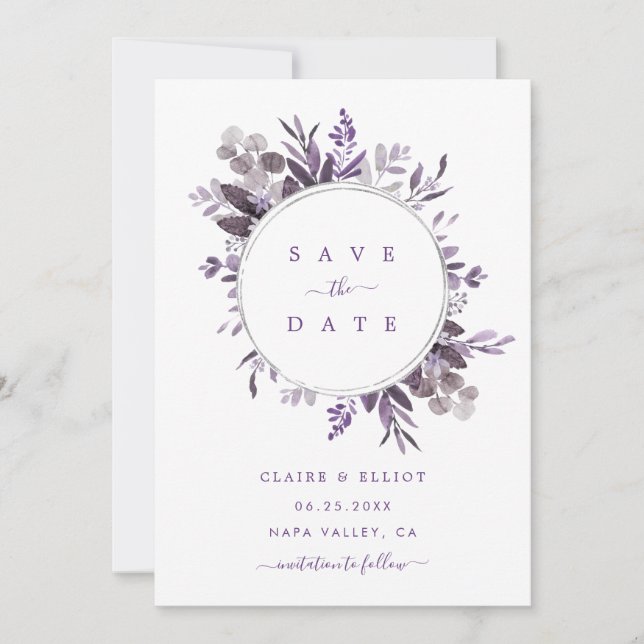 Lavender Botanical Wreath Wedding Save The Date (Front)