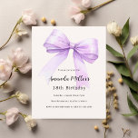 Lavender bow cream elegant birthday invitation<br><div class="desc">A soft beige,  cream coloured background,  decorated with a large lavender,  violet,  purple coloured bow. Personalise and add a name and party details. 

1 sheet = 1 invitation printed edge to edge.</div>