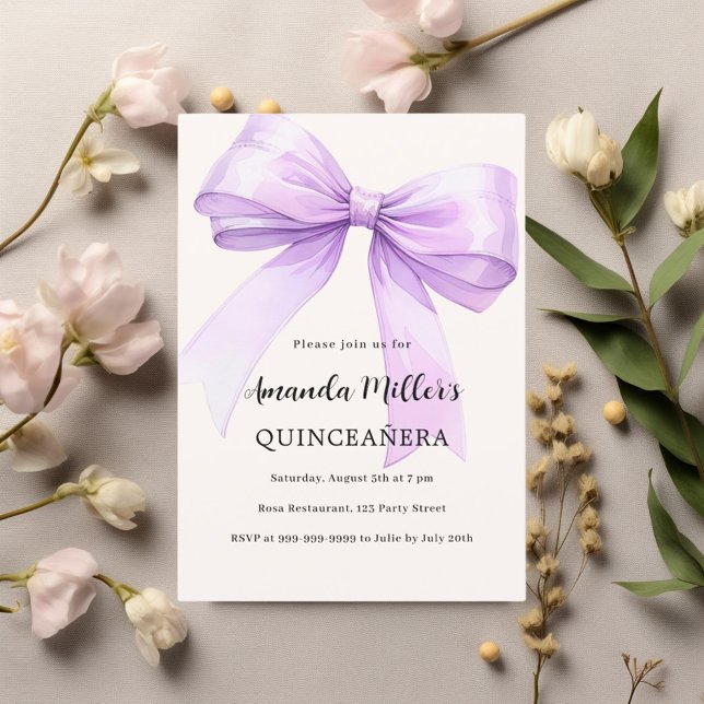 Lavender bow cream elegant Quinceanera Invitation (Creator Uploaded)