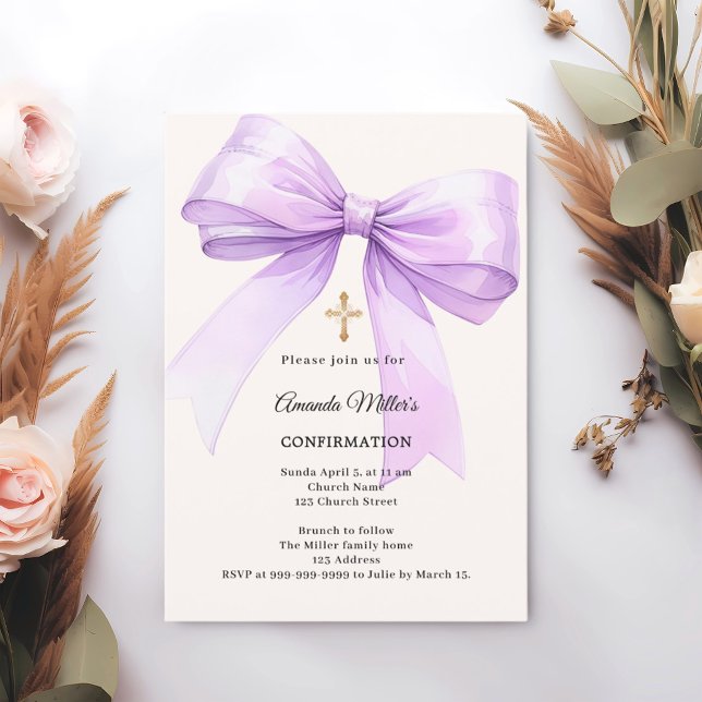 Lavender bow cream girl Confirmation Invitation (Creator Uploaded)