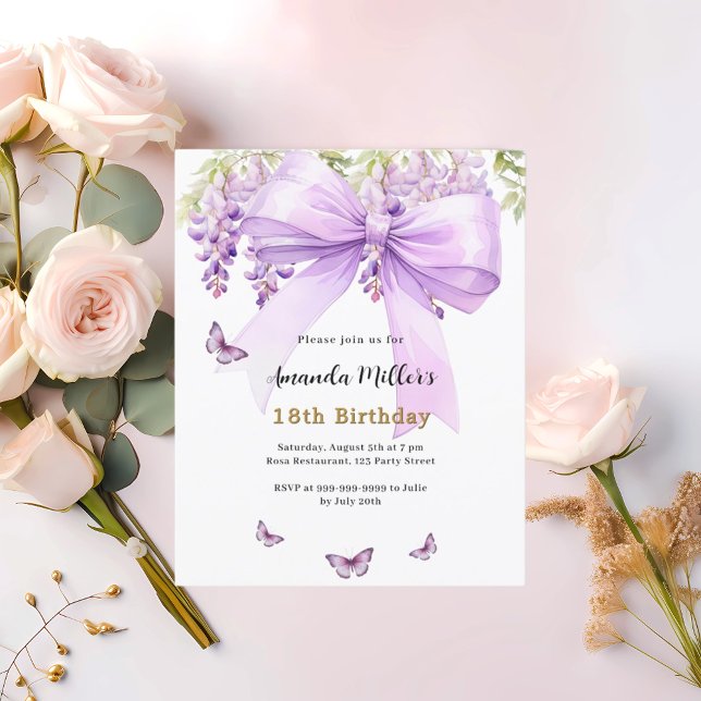 Lavender bow floral butterfly birthday invitation (Creator Uploaded)