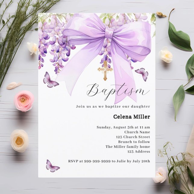 Lavender bow floral girl Baptism Invitation (Creator Uploaded)