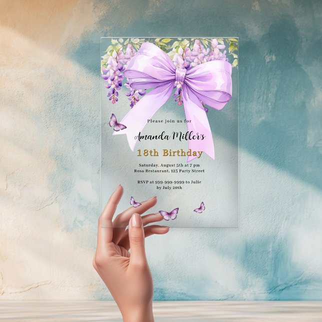 Lavender bow florals butterflies clear birthday acrylic invitations (Creator Uploaded)