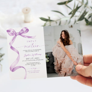 Lavender Bow Photo Sweet 16 Birthday Invitation