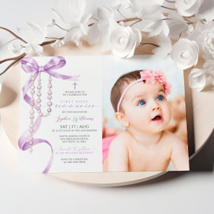 Lavender Bow & Rosary Photo First Holy Communion Invitation