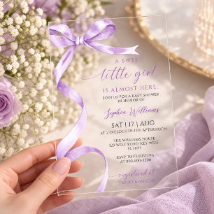 Lavender Bow Sweet Little Girl Baby Shower Acrylic Invitations