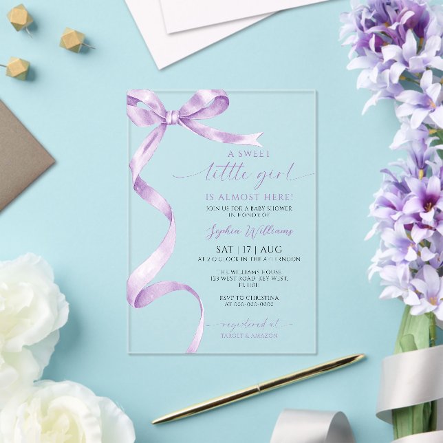 Lavender Bow Sweet Little Girl Baby Shower Acrylic Invitations (Insitu (Wedding))