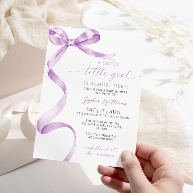 Lavender Bow Sweet Little Girl Baby Shower Invitation (Creator Uploaded)