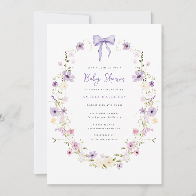 Lavender Bow Wildflower Baby Shower Invitation  (Front)