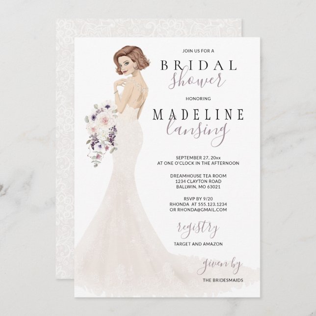 Lavender Bride in Lace Bridal Shower Invitation (Front/Back)