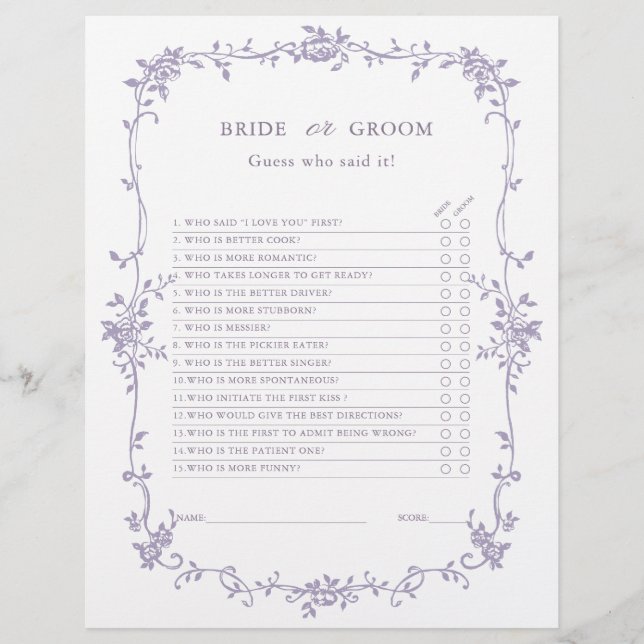 Lavender 'Bride or Groom' Bridal Shower Game  (Front)