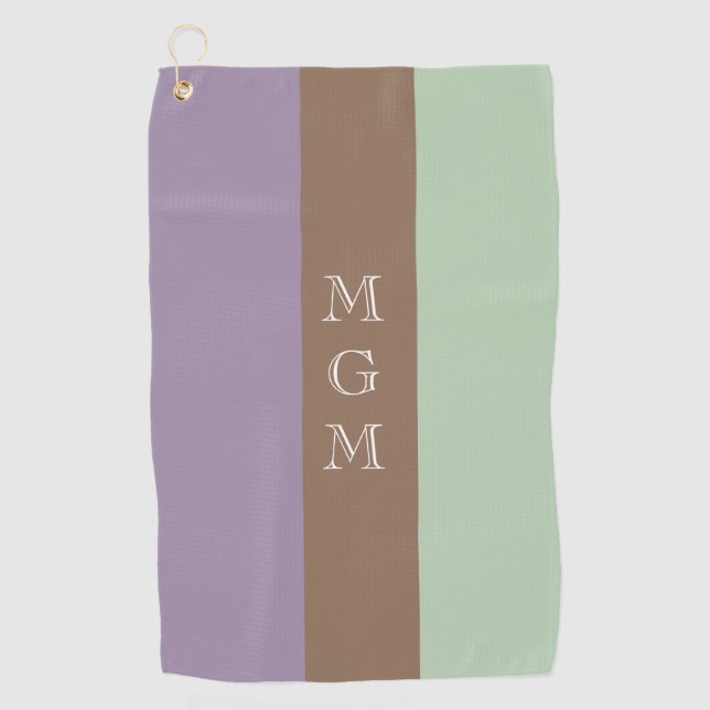 Lavender, Brown and Mint Stripe Pattern Monogram Golf Towel (Front)