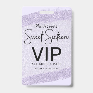 Lavender Brush Glitter Sweet 16 Invitation VIP ID Badge