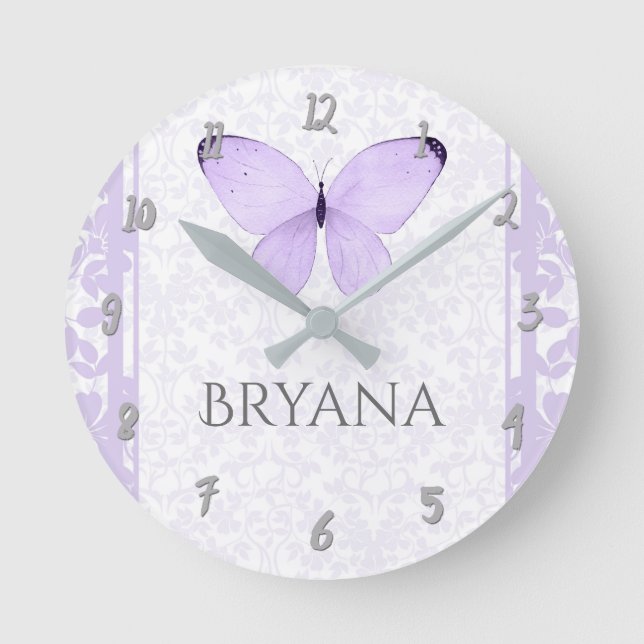 Lavender Butterfly Nursery Room Personalised Round Clock (Front)