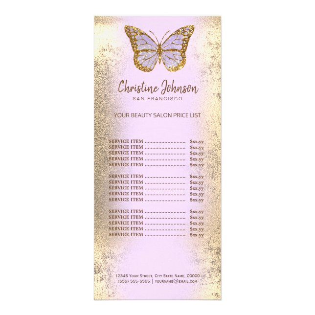 lavender butterfly on faux gold foil rack card (Front)
