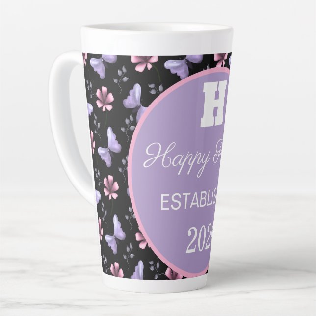 Lavender Butterfly & Pink Floral Seamless Pattern Latte Mug (Left Angle)