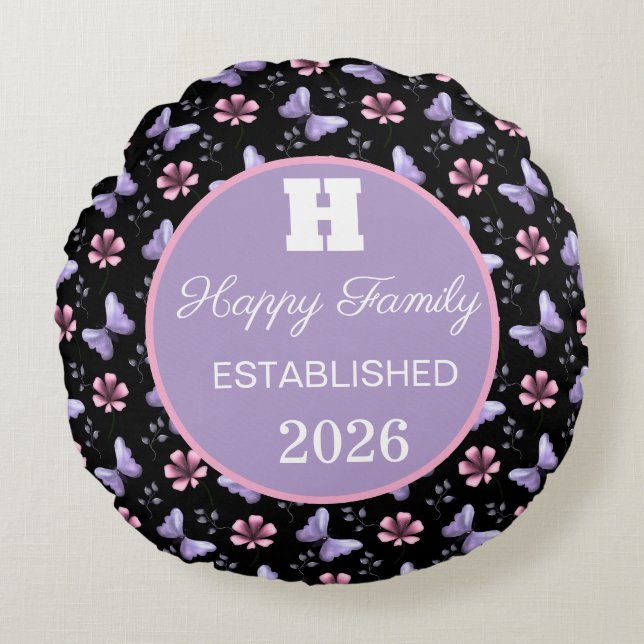 Lavender Butterfly & Pink Floral Seamless Pattern Round Cushion (Front)