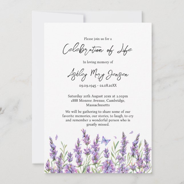 Lavender Celebration of Life Photo Funeral Invitation (Back)
