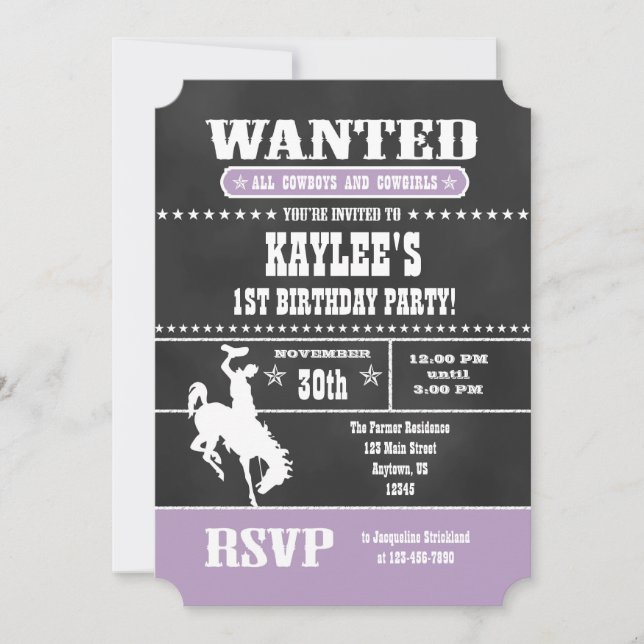 Lavender Chalkboard Cowboy Birthday Invitation (Front)