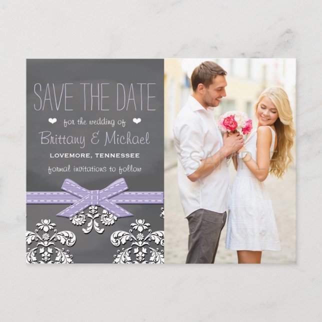 Lavender Chalkboard Lace Bow Save the Date Announcement Postcard (Front)