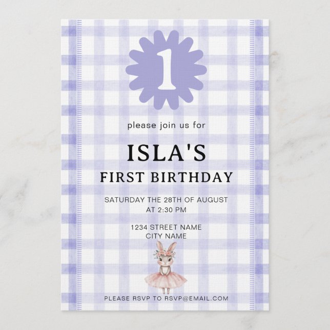 Lavender Check Bunny Ballerina Birthday Invitation (Front)