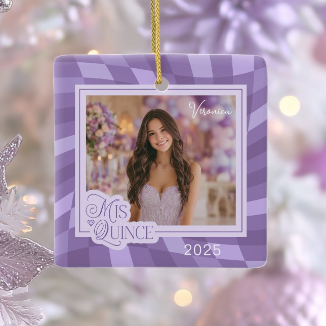 Lavender Chequerboard Photo Quinceanera Keepsake Ceramic Ornament (Creator Uploaded)