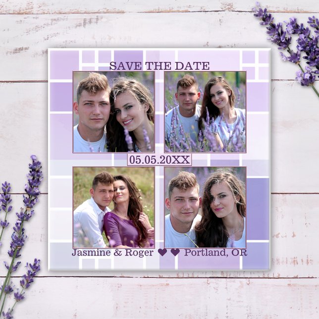 Lavender Chequered Photo Save the Date Magnet (Save the Date magnet featuring your own 4 photos framed by a checkered lilac and lavender background)