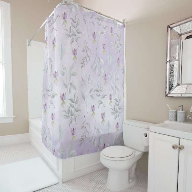 Lavender Chic Floral Leaves Pattern Shower Curtain (In Situ)