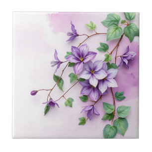 Lavender Clematis Vine Watercolor Ceramic Tile