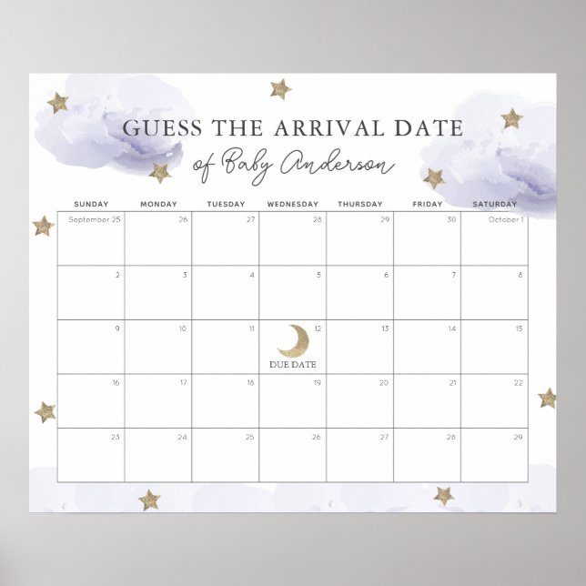 Lavender Clouds Stars Guess The Due Date Calendar Poster (Front)