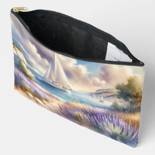 Lavender Coast Sailboat Watercolor Scene Accessory Pouch