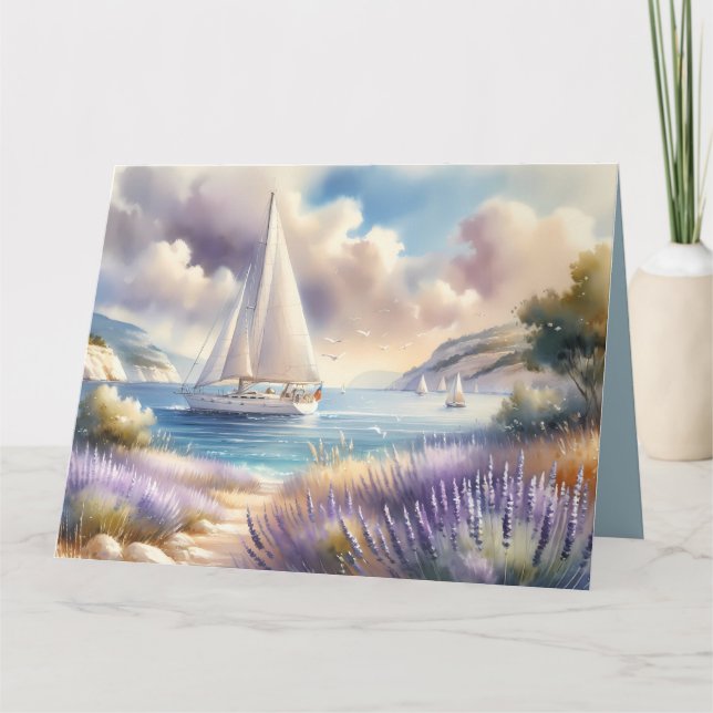 Lavender Coast Sailboat Watercolor Scene Card (Front)