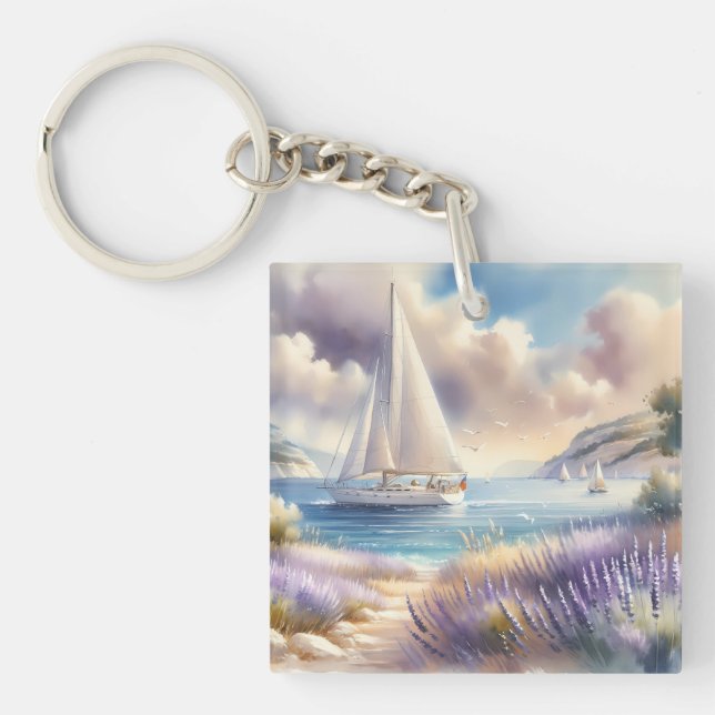 Lavender Coast Sailboat Watercolor Scene Key Ring (Front)