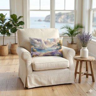 Lavender Coast Sailboat Watercolor Scene Lumbar Cushion