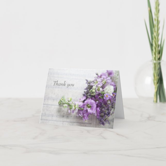 Lavender-coloured flowers on old music thank you (Front)
