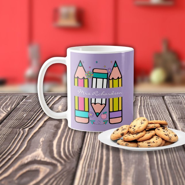 Lavender Colourful teacher name pencil cartoon  Coffee Mug (Creator Uploaded)