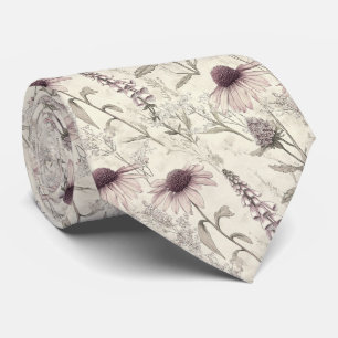 Lavender Coneflower Sketch Botanical Wedding Tie