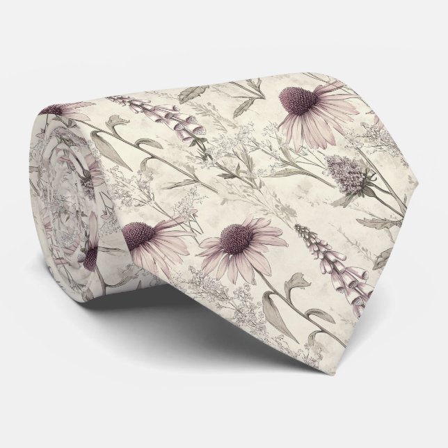 Lavender Coneflower Sketch Botanical Wedding Tie (Rolled)