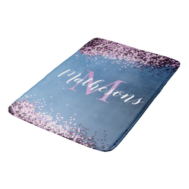 Lavender Confetti on Blue Monogram Name Fun Bath Mat (Angled)