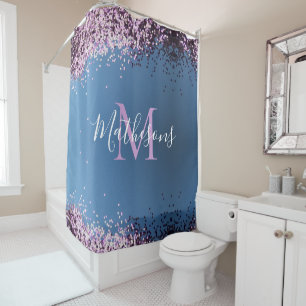 Lavender Confetti on Blue Monogram Name Shower Curtain