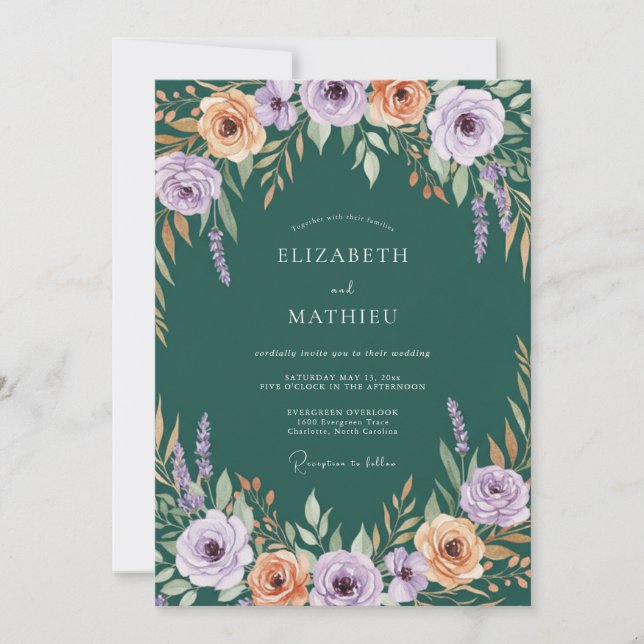 Lavender Coral Botanical Flourish Wedding Invitation (Front)