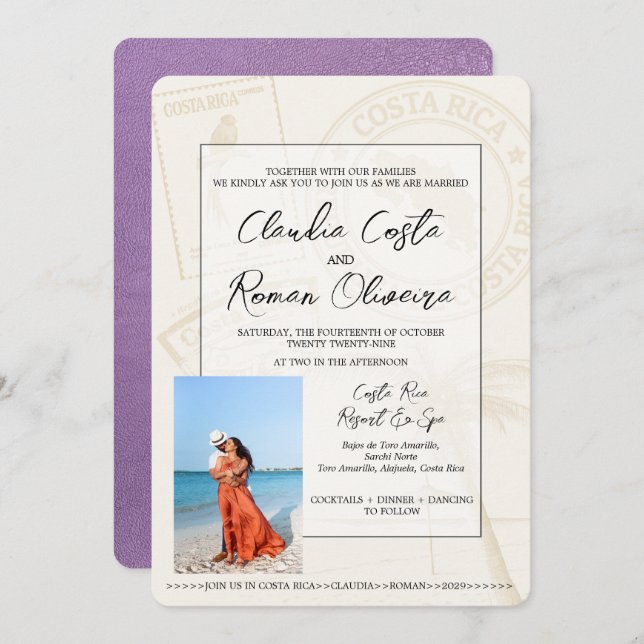 Lavender Costa Rica Passport Wedding Invitation (Front/Back)