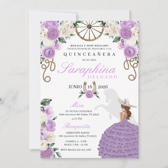 Lavender Cowgirl Western Horse Quinceañera Invitation (Front)