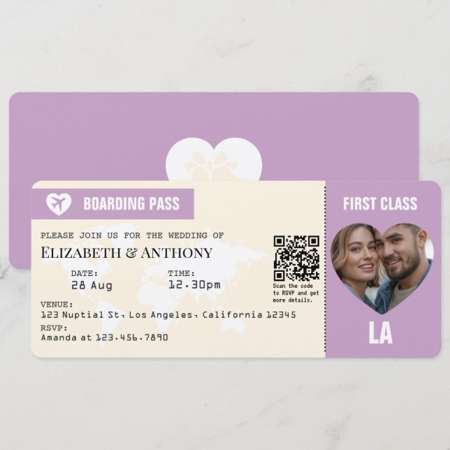 Lavender & Cream Boarding Pass Wedding Invitation (Front/Back)