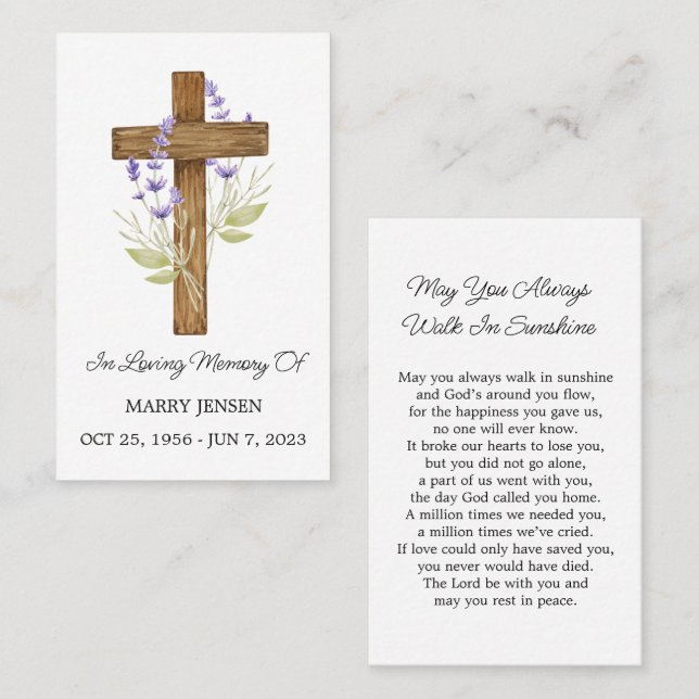 Lavender Cross Memorial Funeral Prayer Card (Front/Back)