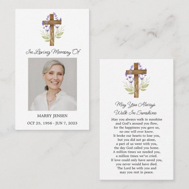 Lavender Cross Memorial Photo Funeral Prayer Card (Front/Back)