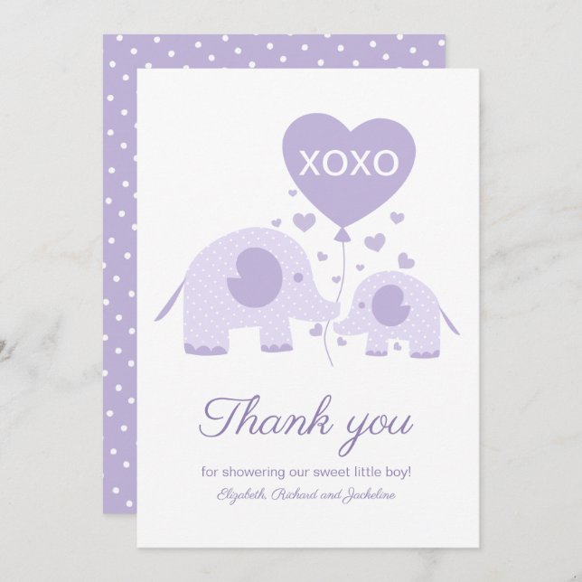 Lavender Cute Elephant Baby Shower Thank You Invitation (Front/Back)